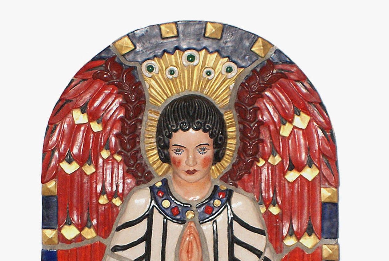 Exceptional Art Deco style hand glazed and gilded polychrome Terracotta plaque of an angel. Provenance: Philadelphia Transfiguration of Our Lord Church, founded in 1905, built in 1928.