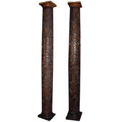 Pair of circa 1900 Jacobean Style Carved Oak Columns