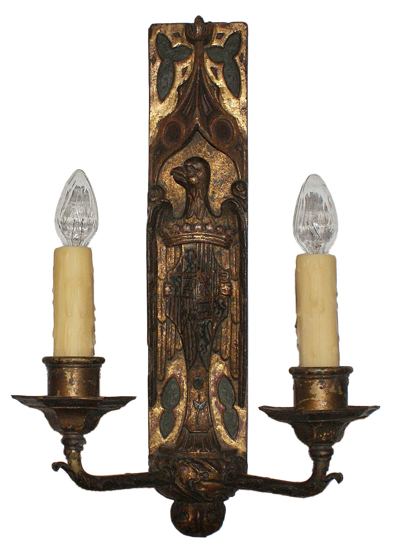 Exquisite Pair of Tudor Revival Eagle Sconces