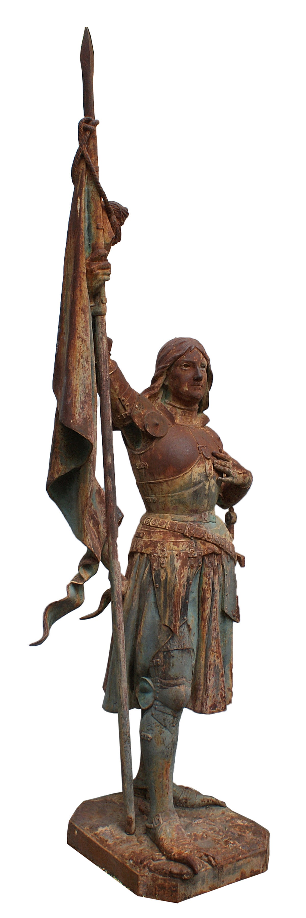 Late 19th century almost life-size cast iron statue of Joan of Arc, attributed to the sculptor Aldophe Roberton and the Antoine Durenne 'fonderie d'art' in Sommevoire, France.