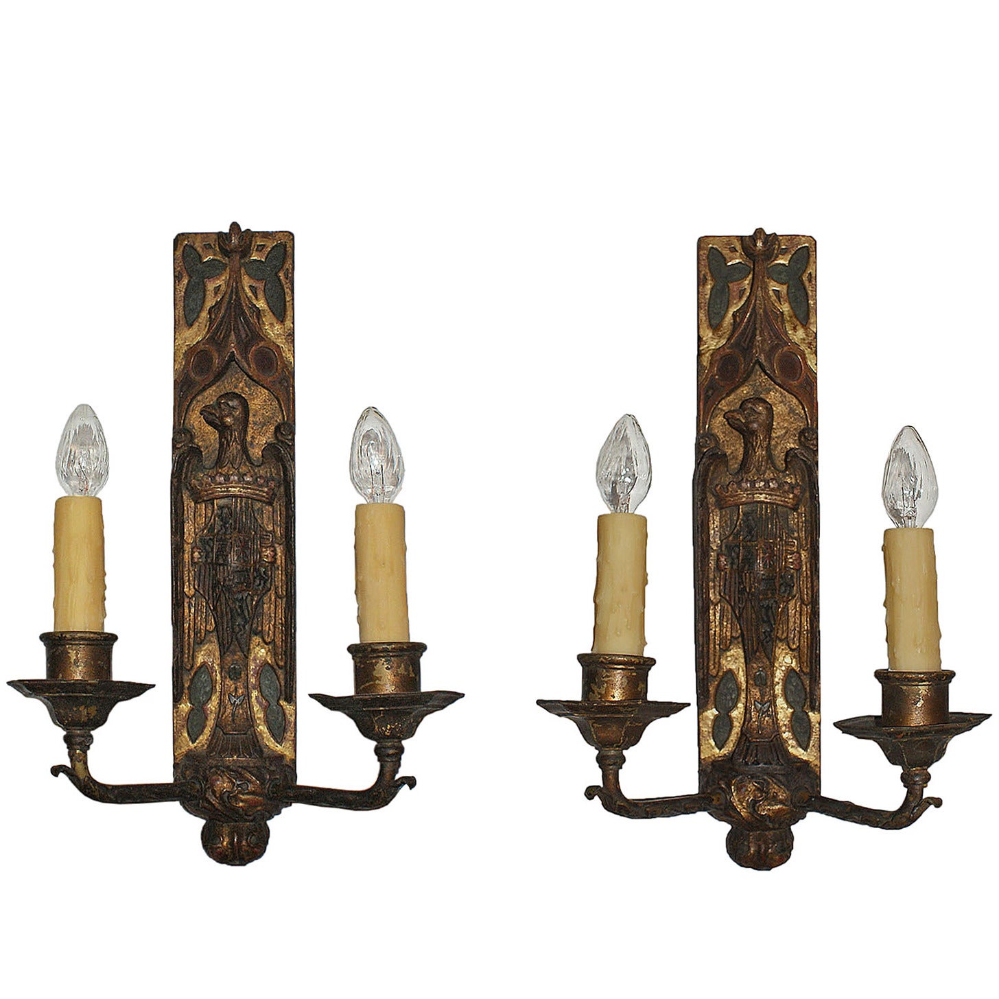 Exquisite Pair of Tudor Revival Eagle Sconces For Sale