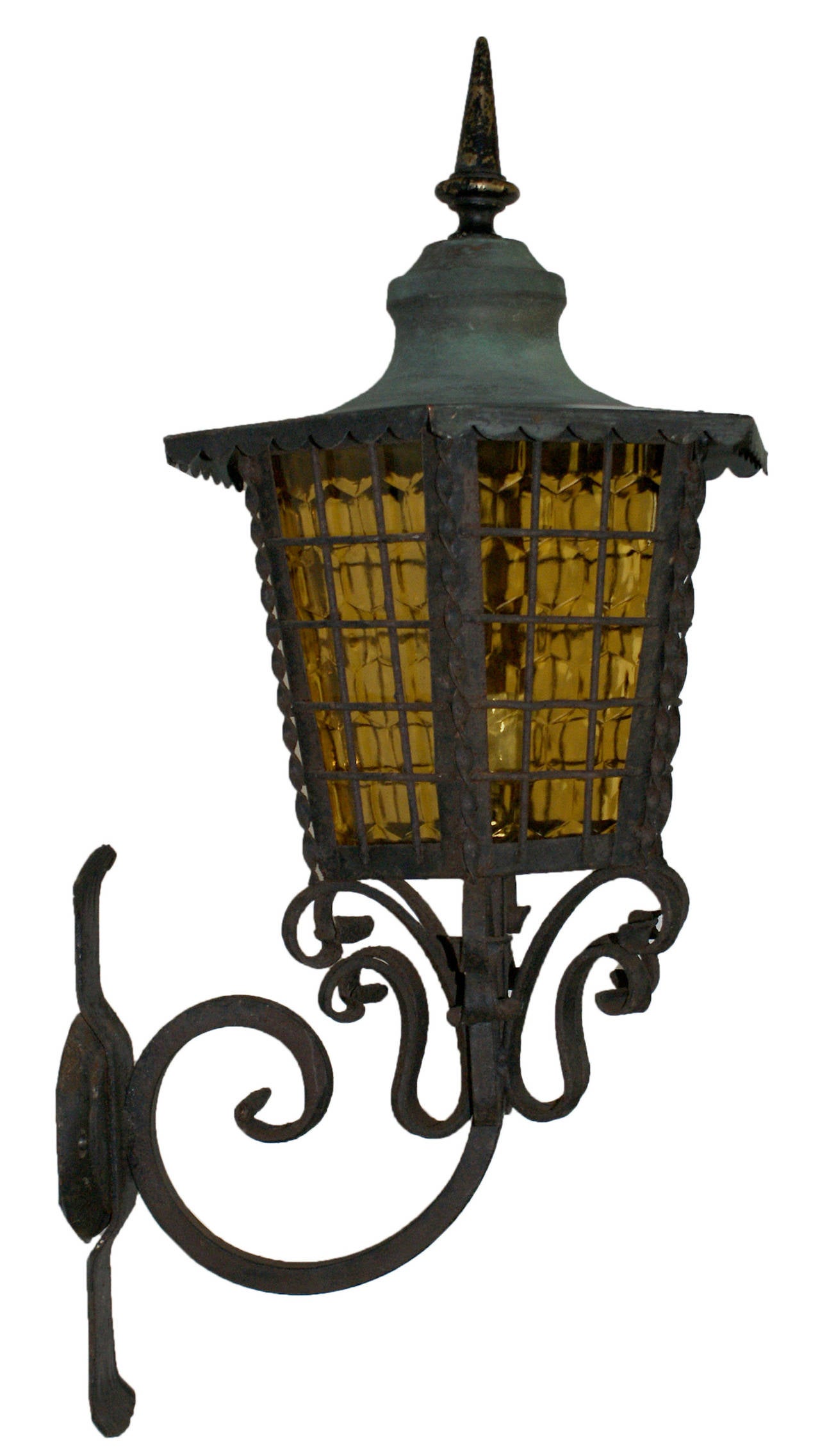 Early 20th Century German Wrought Iron and Copper Lantern with Honeycomb Glass