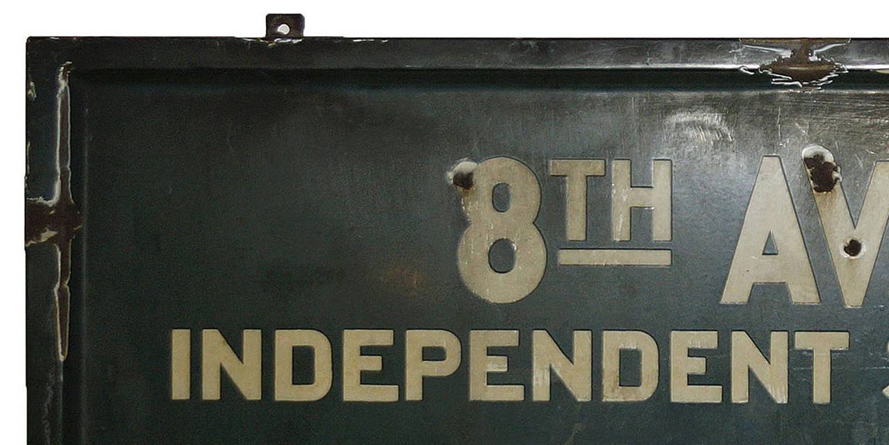 Rare 1930s single-sided, green and white, enameled steel subway sign from the 8th Avenue Independent Subway System. Balto Enamel Co. 200 5th Ave, NY.