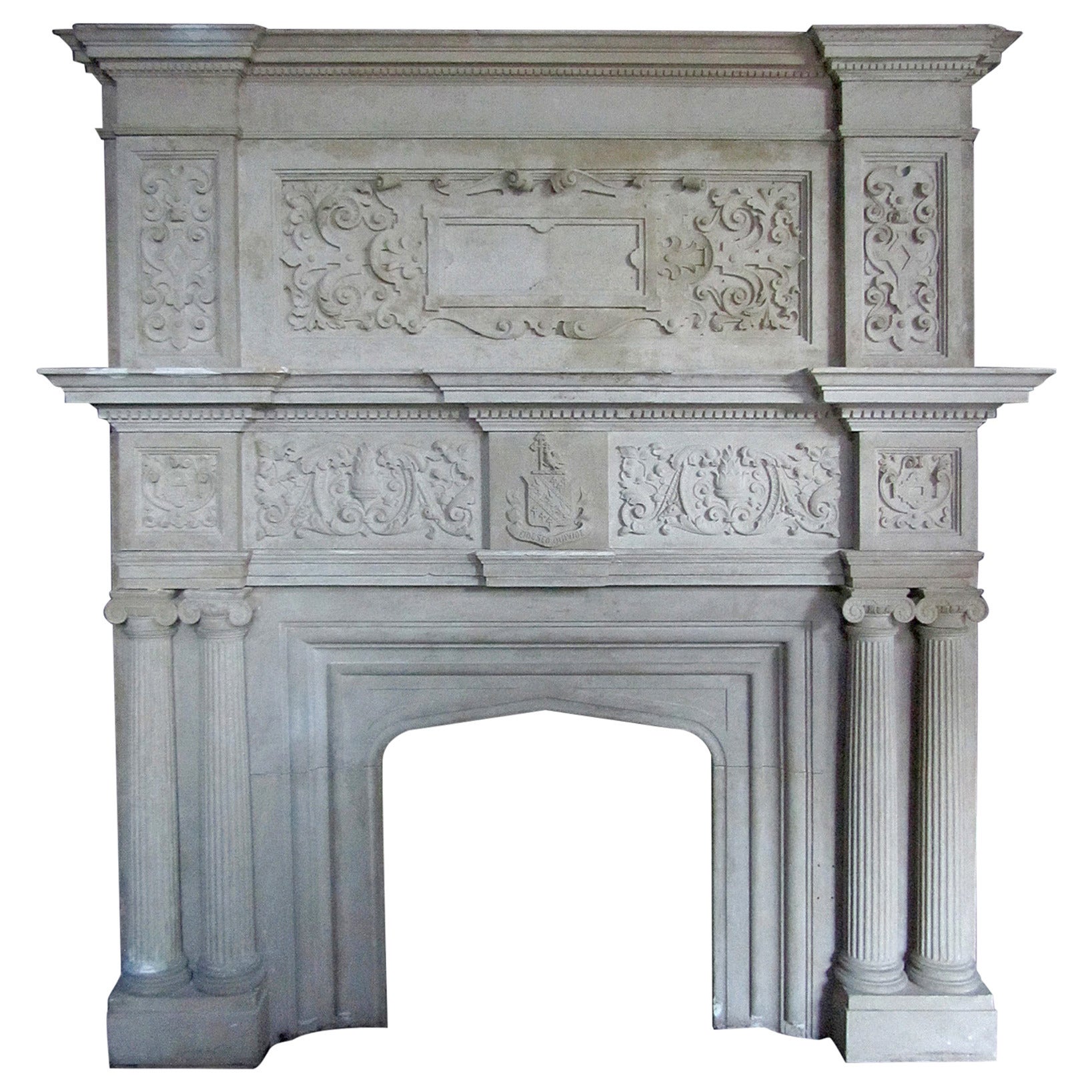 Large Indiana Limestone Tudor Revival Style Fireplace Mantel For Sale