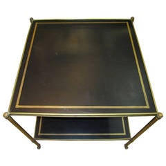 Two-Tier Maison Jansen Brass and Black Leather End Table, French 1940s