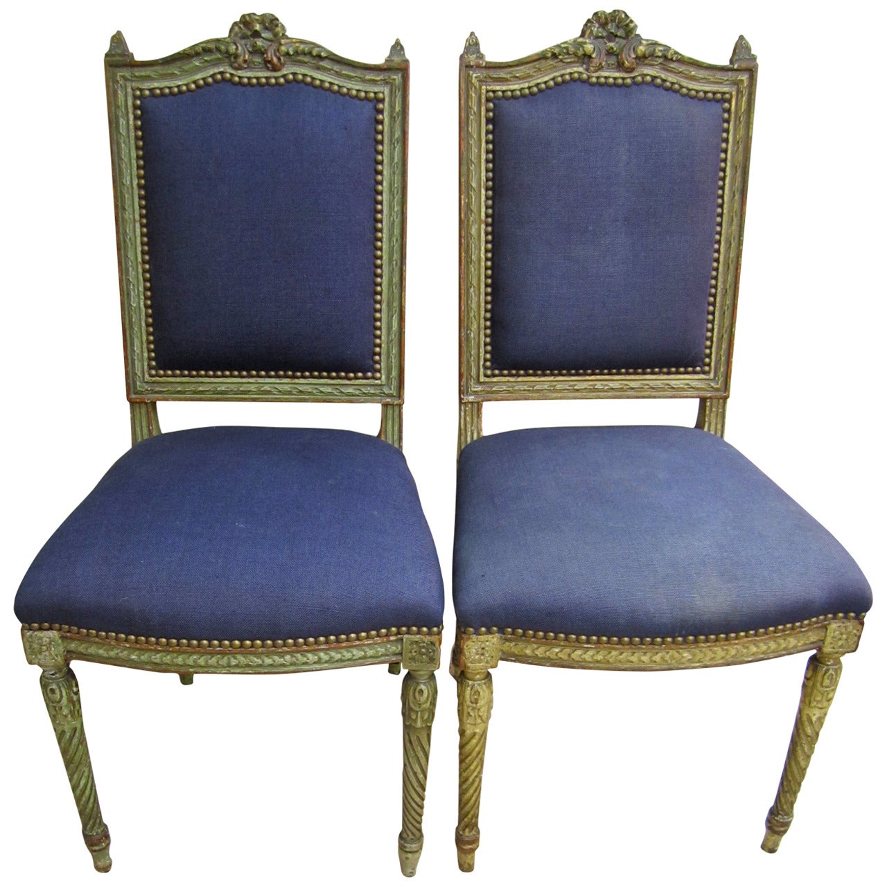 Antique French Blue and Gold Louis XVI Upholstered Side or Dining Chairs, Pair