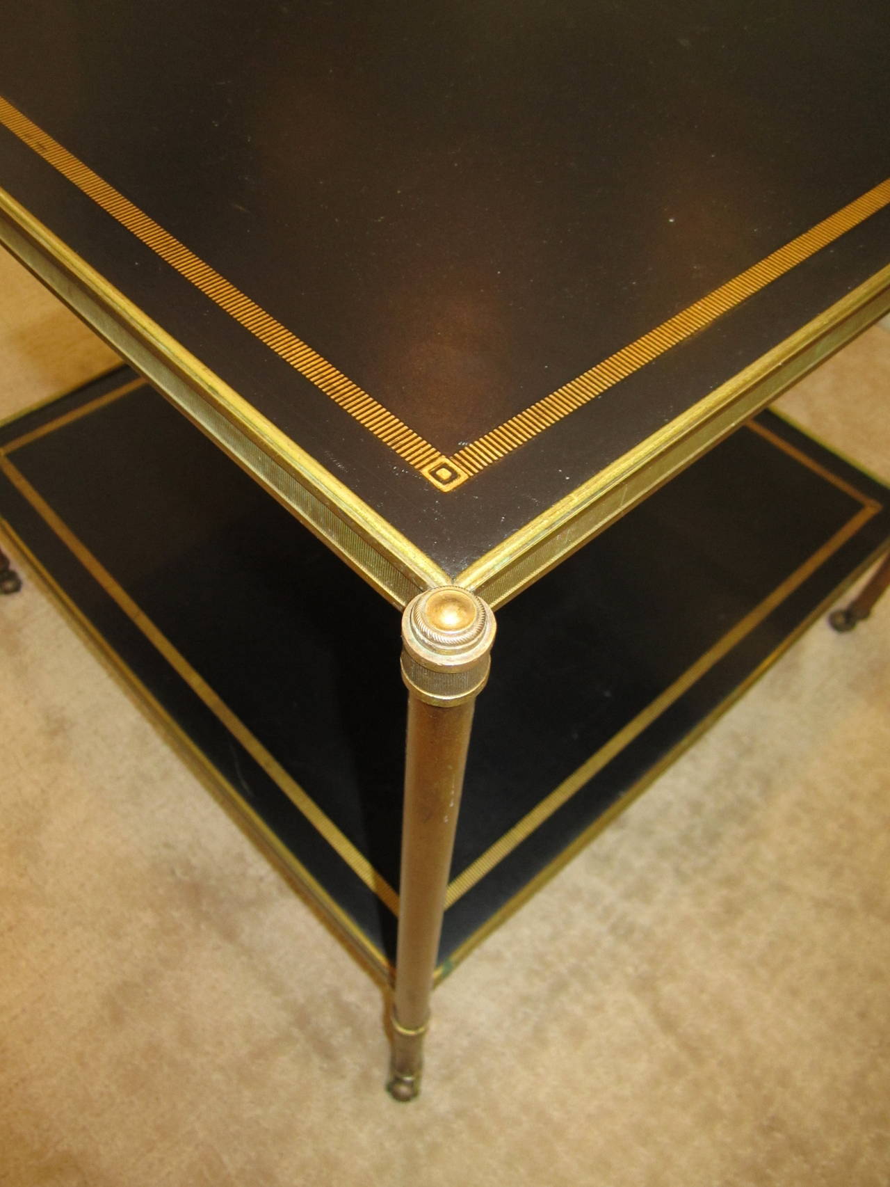 Two-Tier Maison Jansen Brass and Black Leather End Table, French 1940s