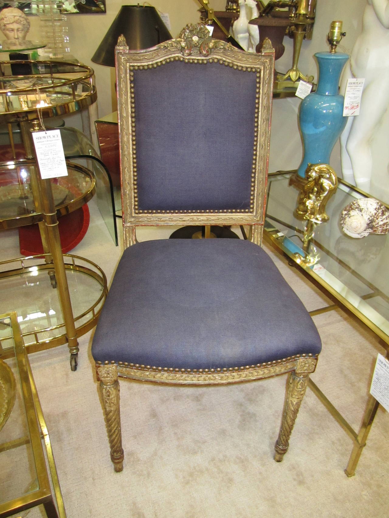 Antique French Blue and Gold Louis XVI Upholstered Side or Dining Chairs, Pair 8
