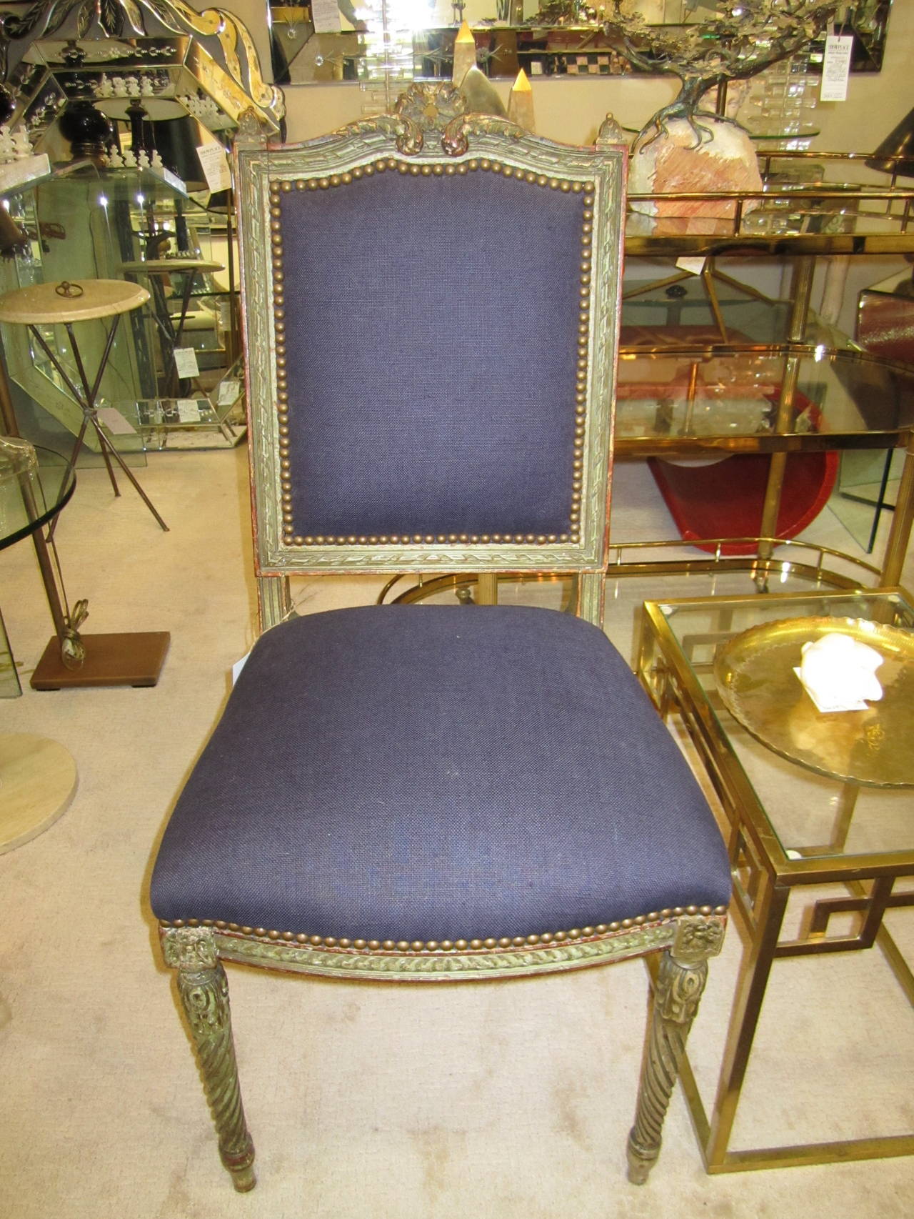Antique French Blue and Gold Louis XVI Upholstered Side or Dining Chairs, Pair 7
