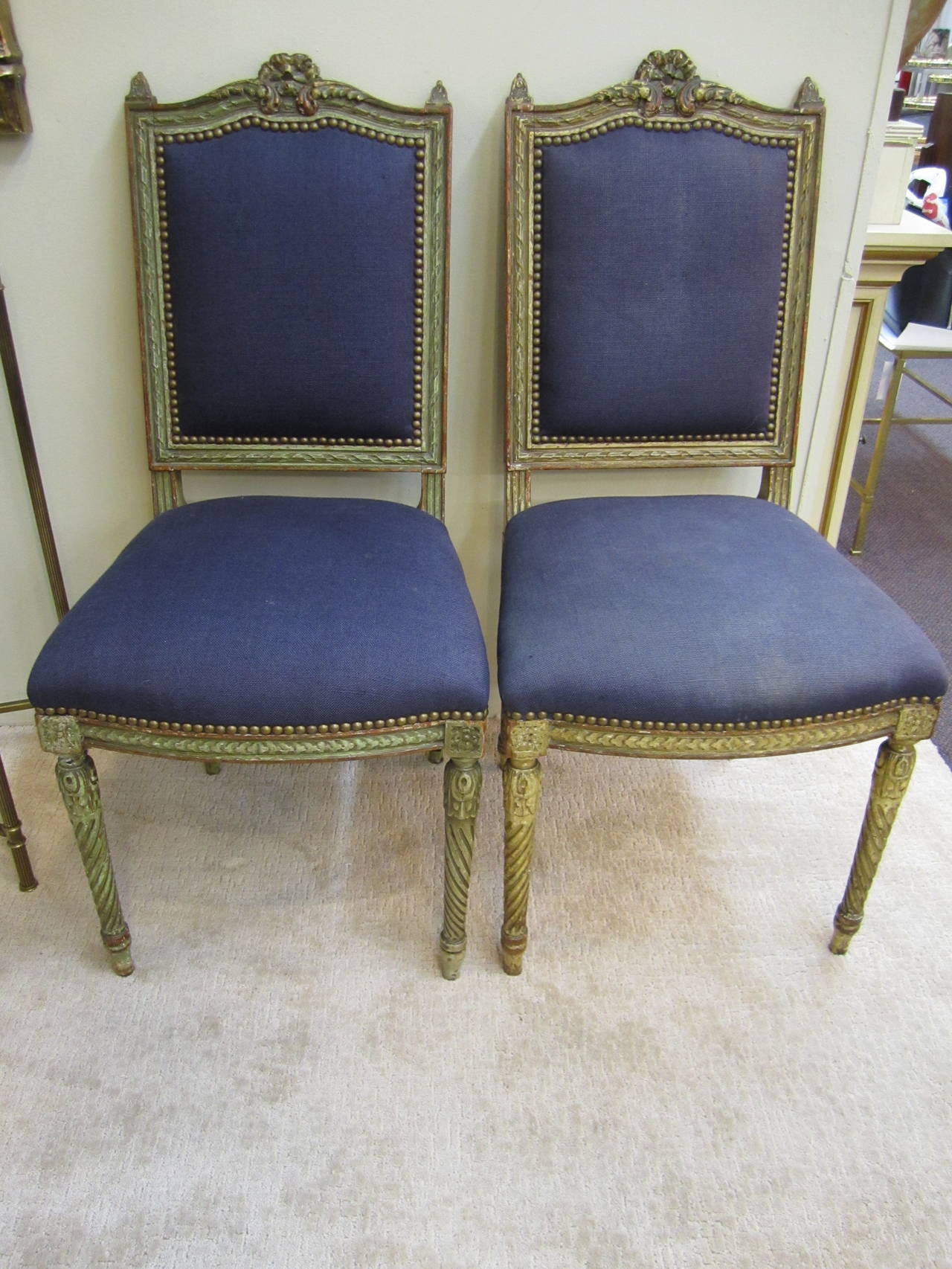 Antique French Blue and Gold Louis XVI Upholstered Side or Dining Chairs, Pair 5