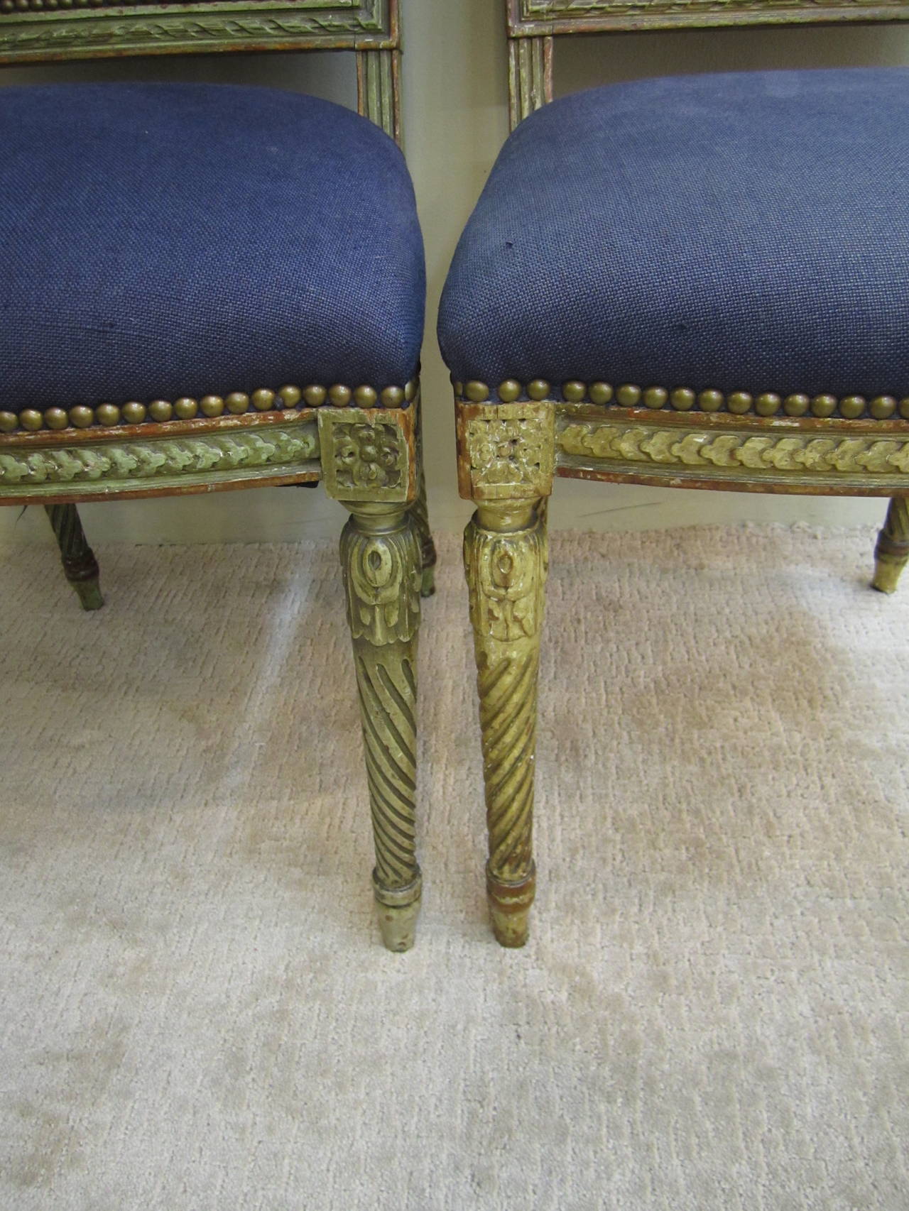 Antique French Blue and Gold Louis XVI Upholstered Side or Dining Chairs, Pair 12