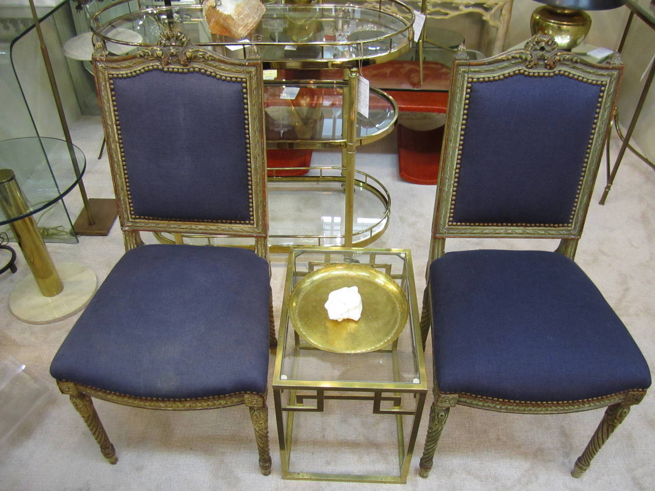 Antique French Blue and Gold Louis XVI Upholstered Side or Dining Chairs, Pair 6