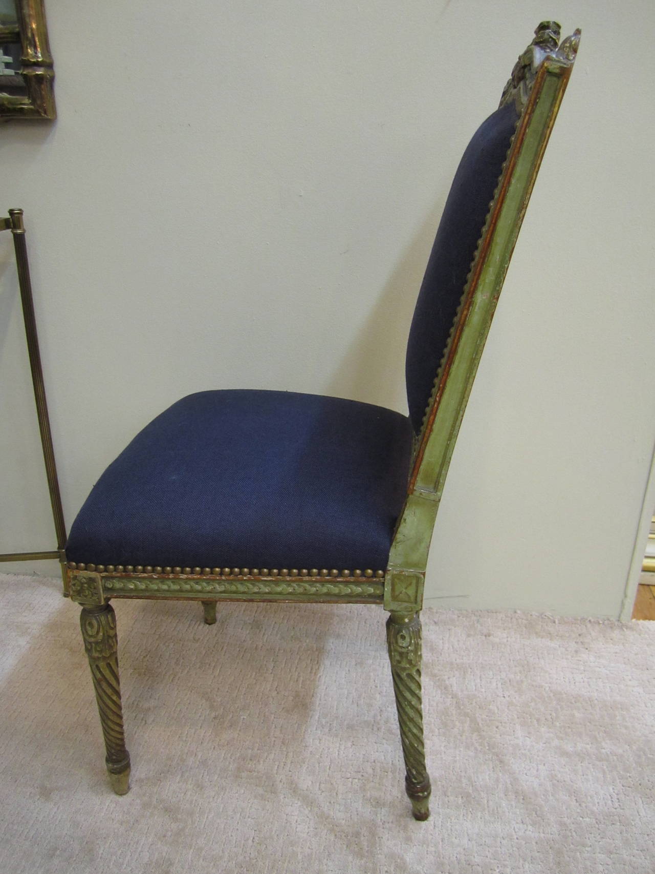 Antique French Blue and Gold Louis XVI Upholstered Side or Dining Chairs, Pair 10