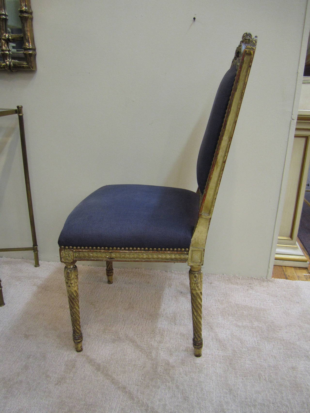 Antique French Blue and Gold Louis XVI Upholstered Side or Dining Chairs, Pair 11