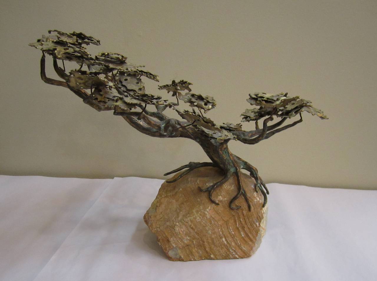 Unknown Brass and Onyx Marble Japanese Bonsai Tree Sculpture 