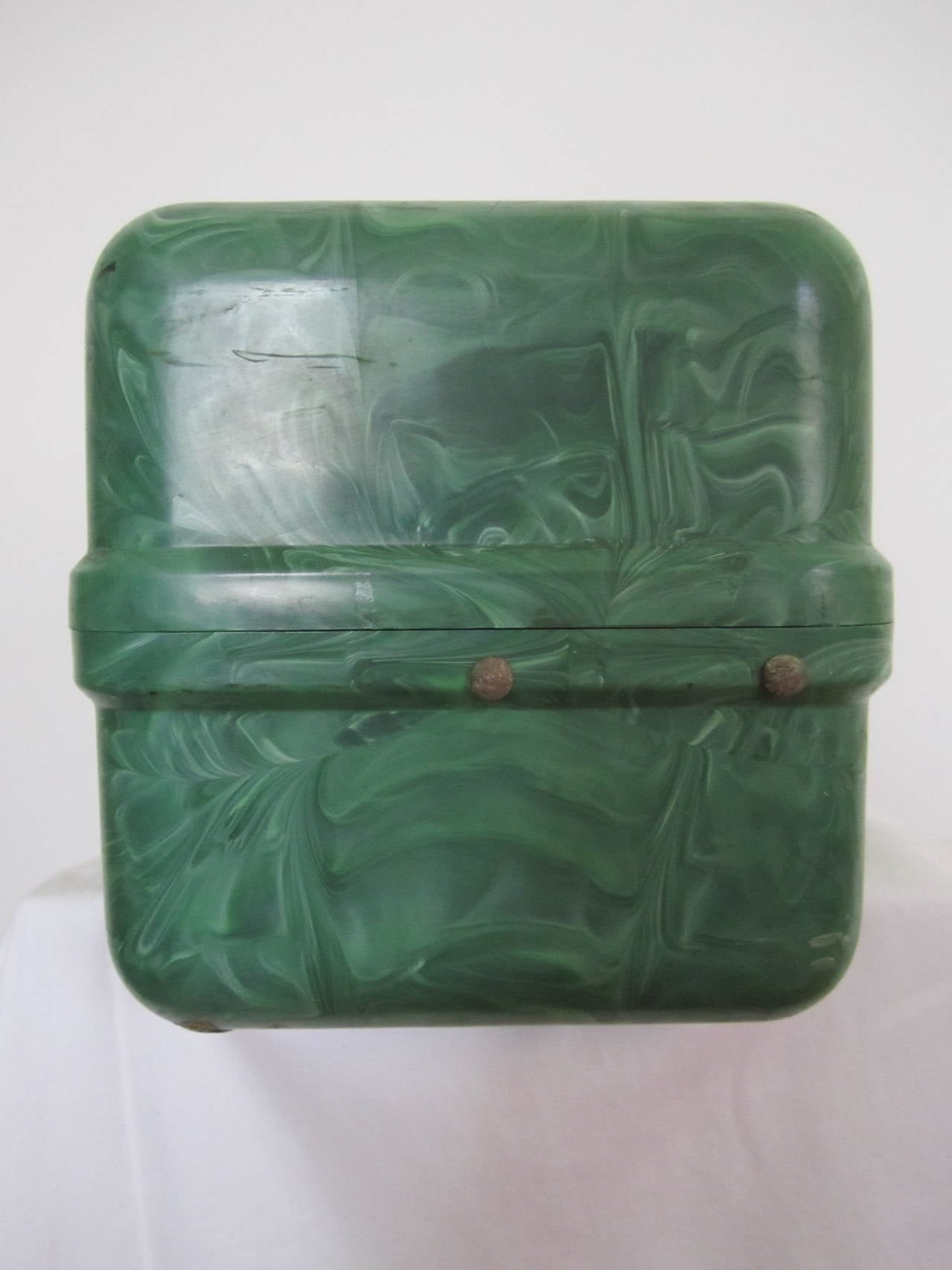 Vintage marbleized or malachite effect plastic storage, fishing, or tackle box in shades of green. Cork lining as seen in images. Box can store a multitude of items. Box appears to have never been used. 