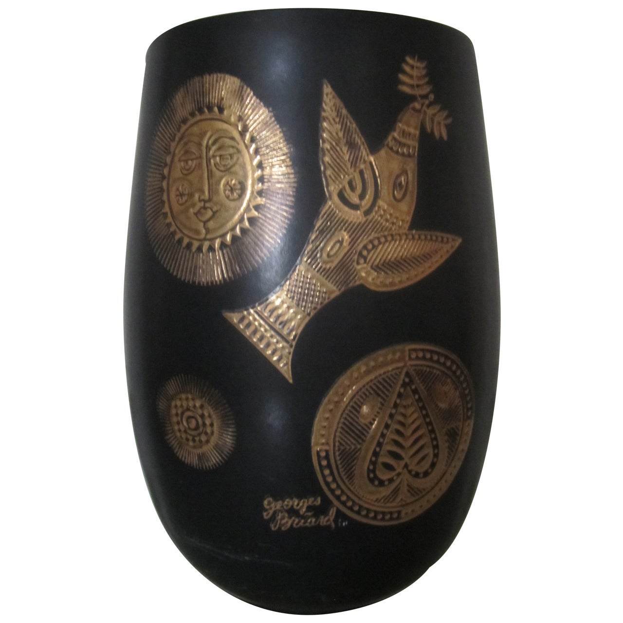 Mid-Century Modern Vintage Georges Briad Black and Gold Vase