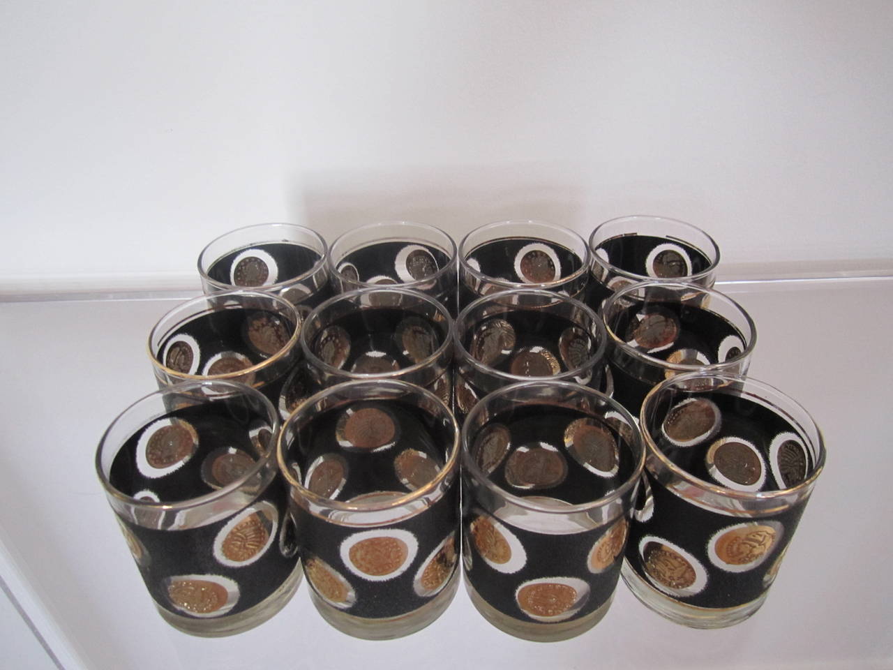 Mid-Century 12-Piece Rocks Glasses with Black and Gold Motif 3