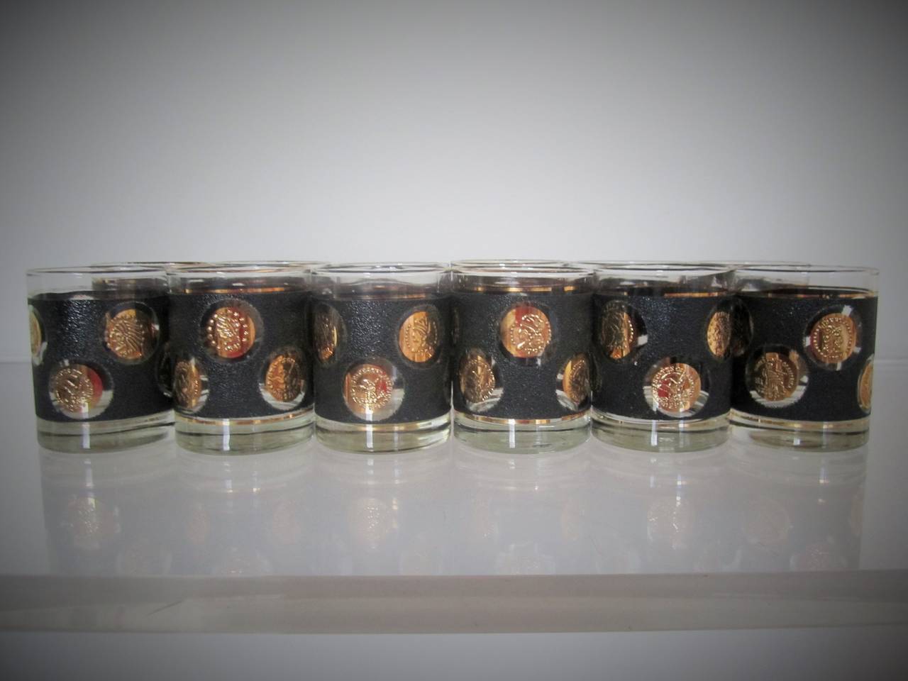 Mid-Century 12-Piece Rocks Glasses with Black and Gold Motif 1