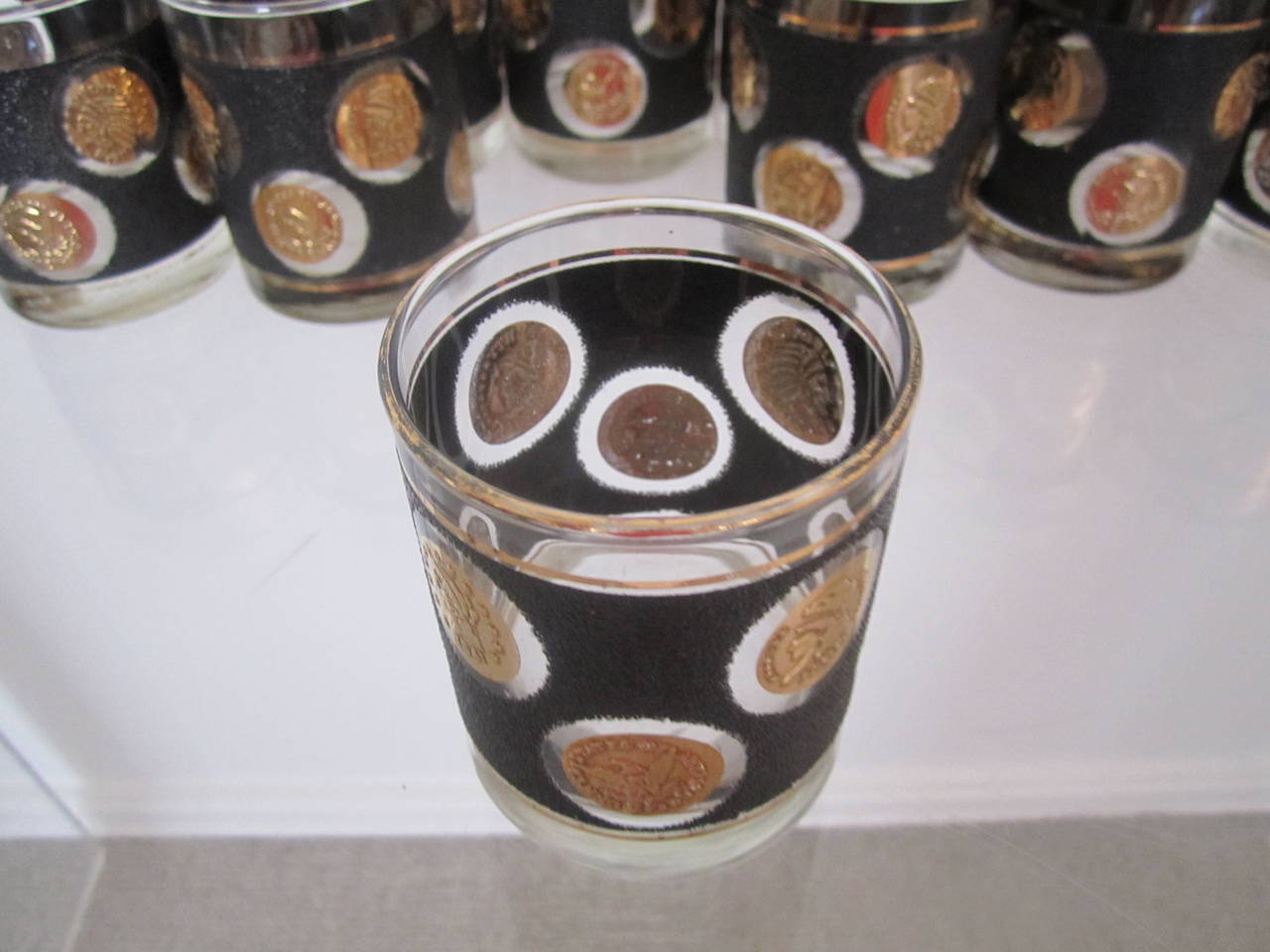 American Mid-Century 12-Piece Rocks Glasses with Black and Gold Motif