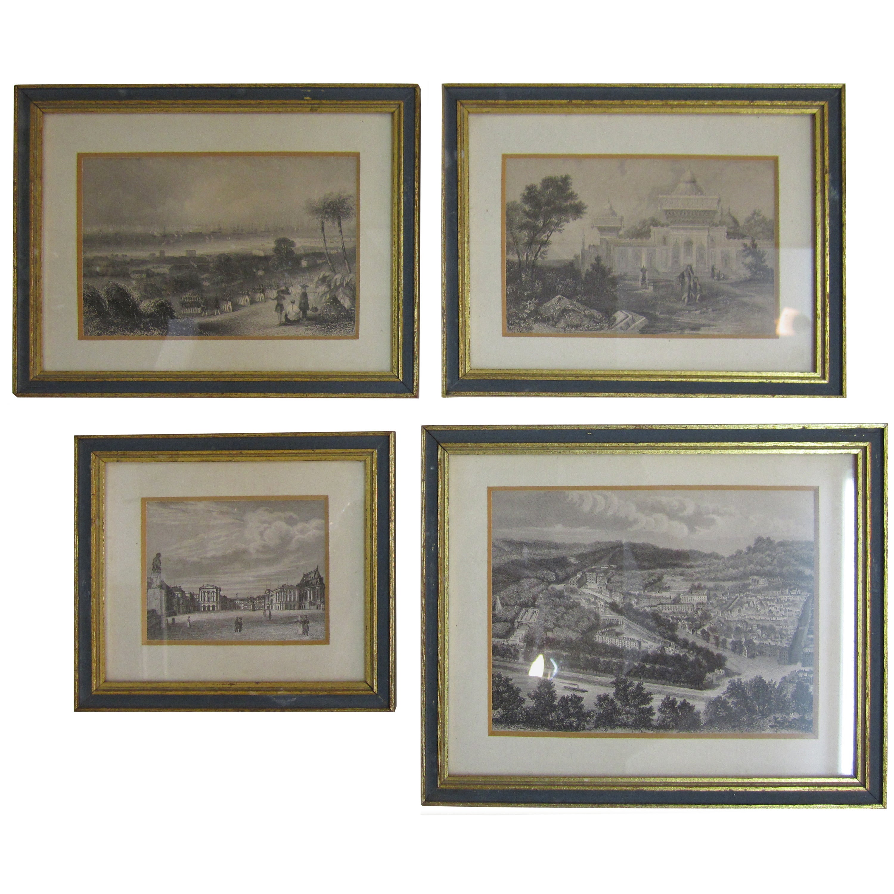 Vintage English Black and White Prints with Blue and Gold Gilded Frames
