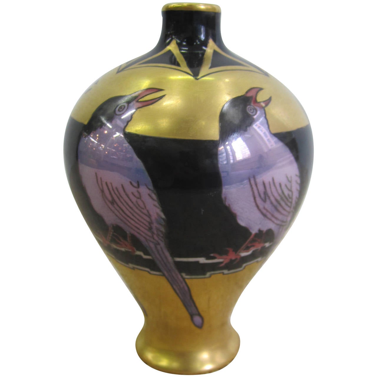Limoges Art Deco Black and Gold HandPainted Porcelain Vase, France For