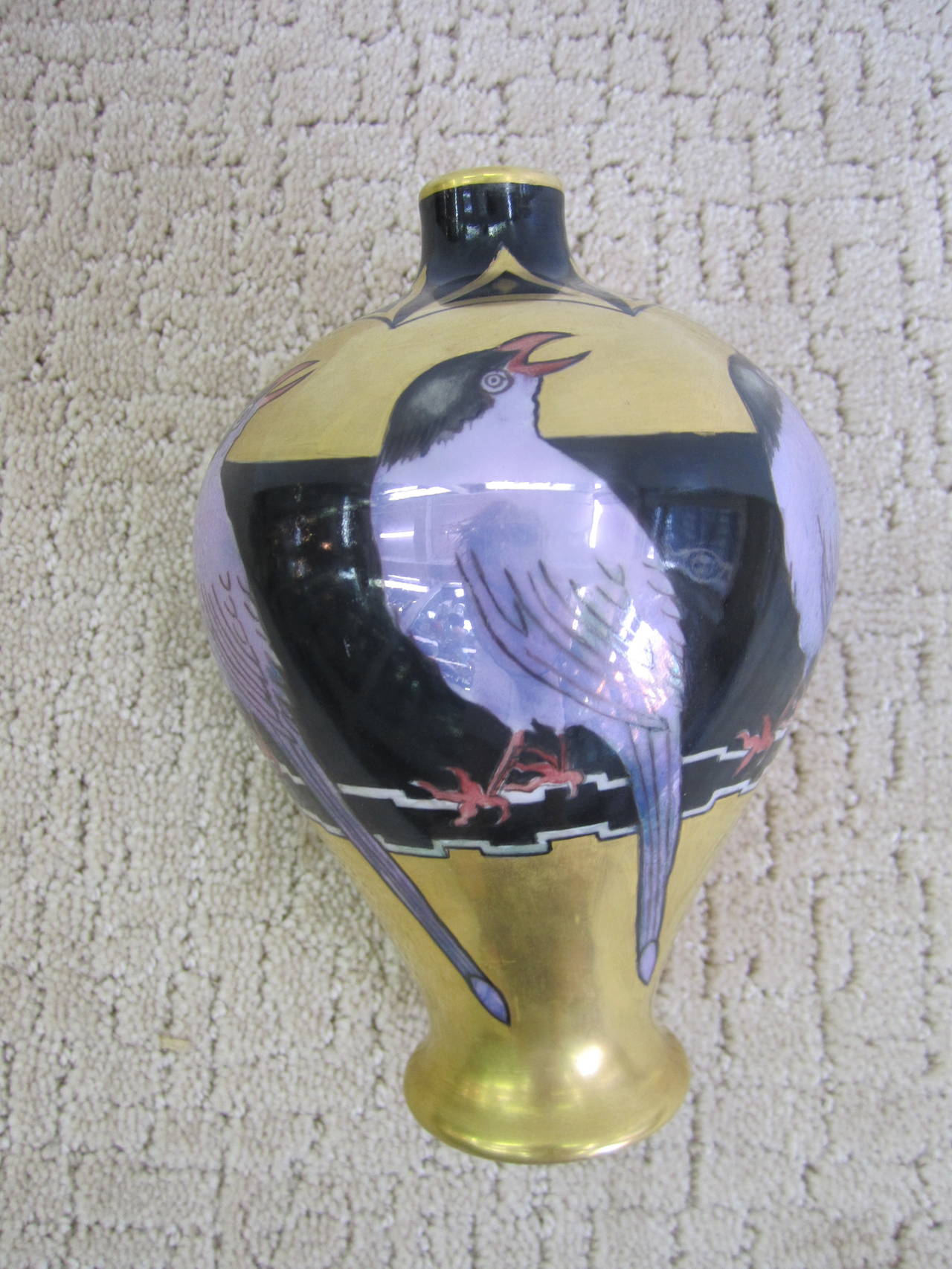 Limoges Art Deco Black and Gold HandPainted Porcelain Vase, France For
