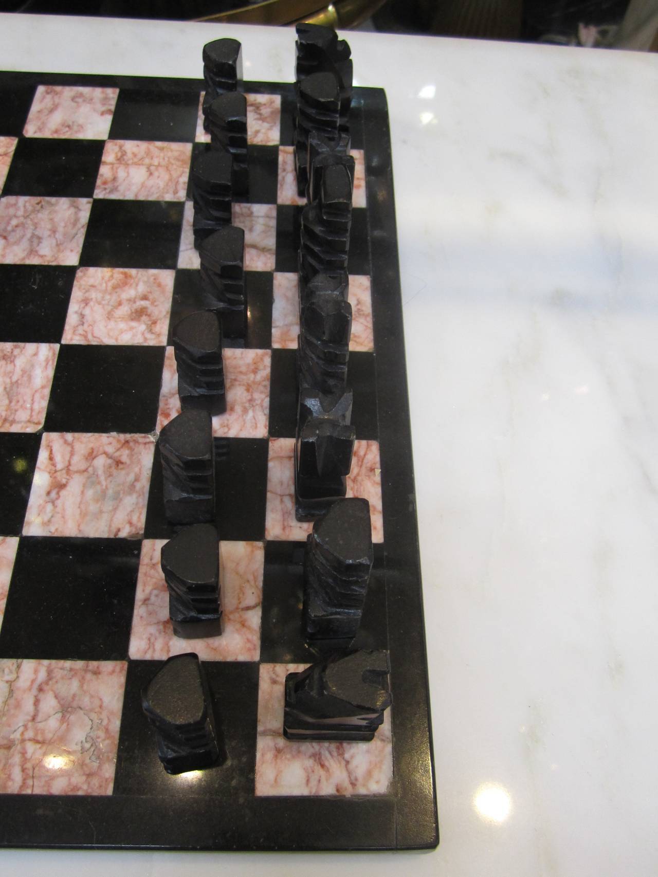 Unknown 1970s Modern Black Marble and Onyx Chess Set
