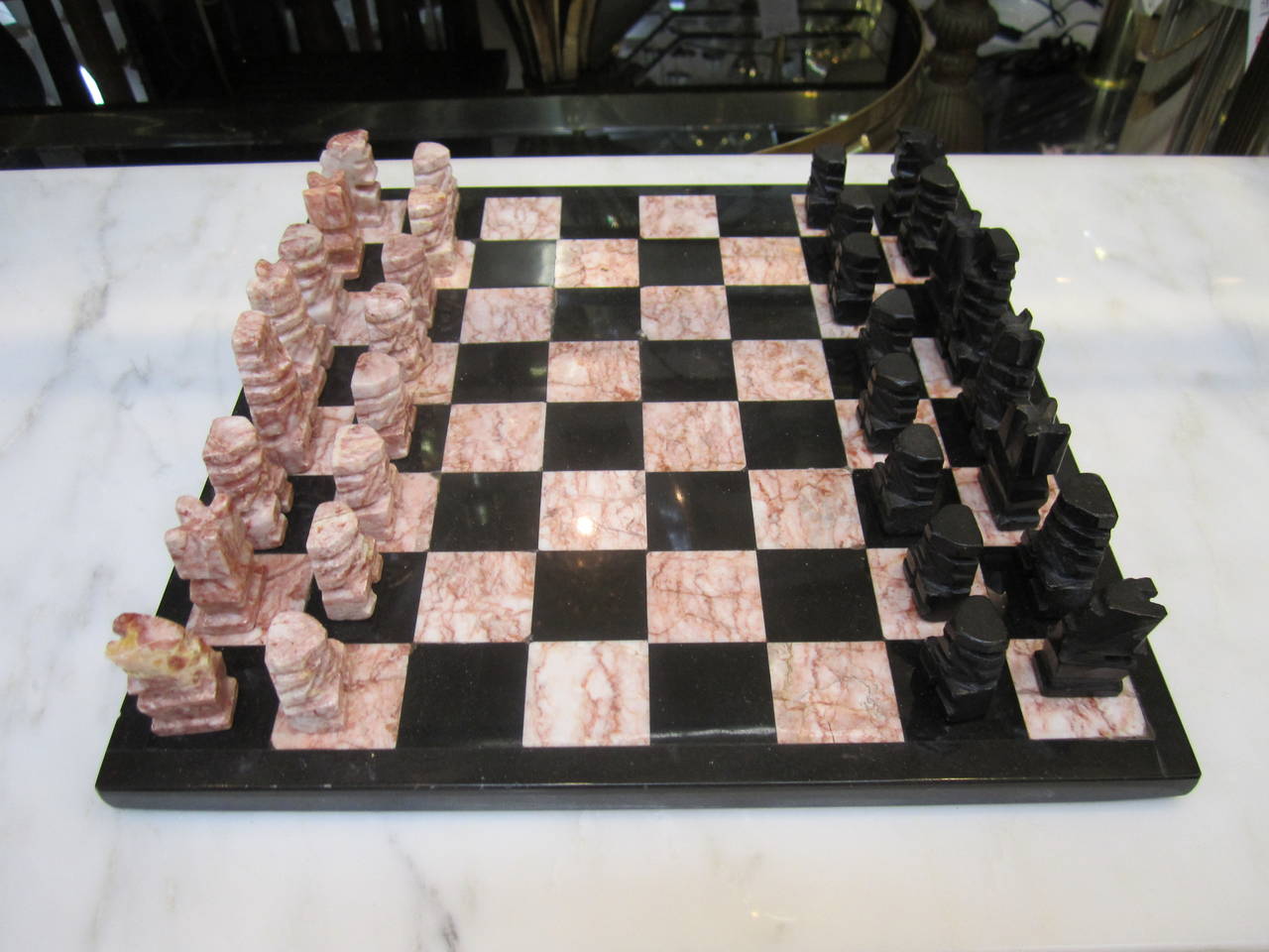 1970s Modern Black Marble and Onyx Chess Set In Excellent Condition In New York, NY