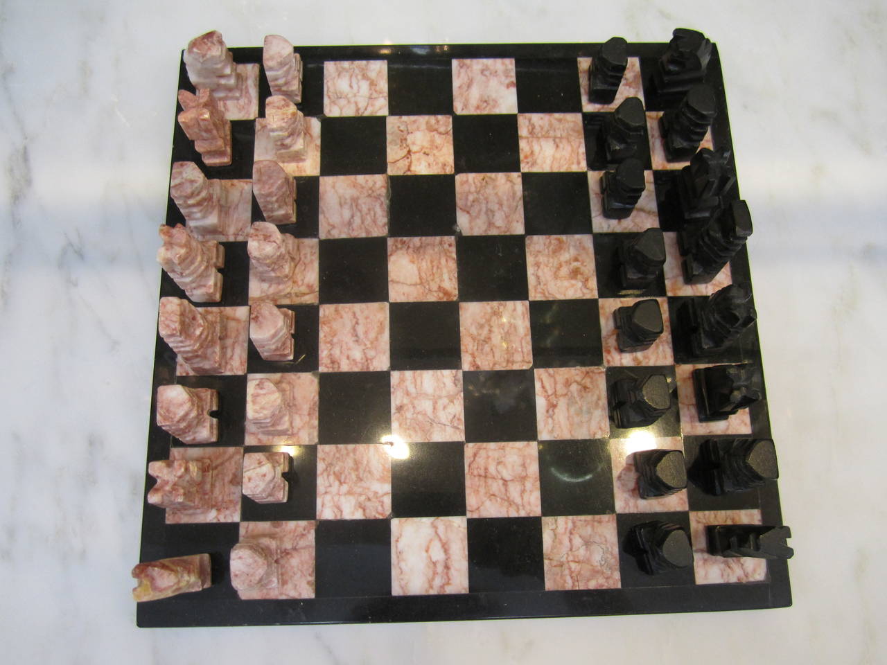 Late 20th Century 1970s Modern Black Marble and Onyx Chess Set