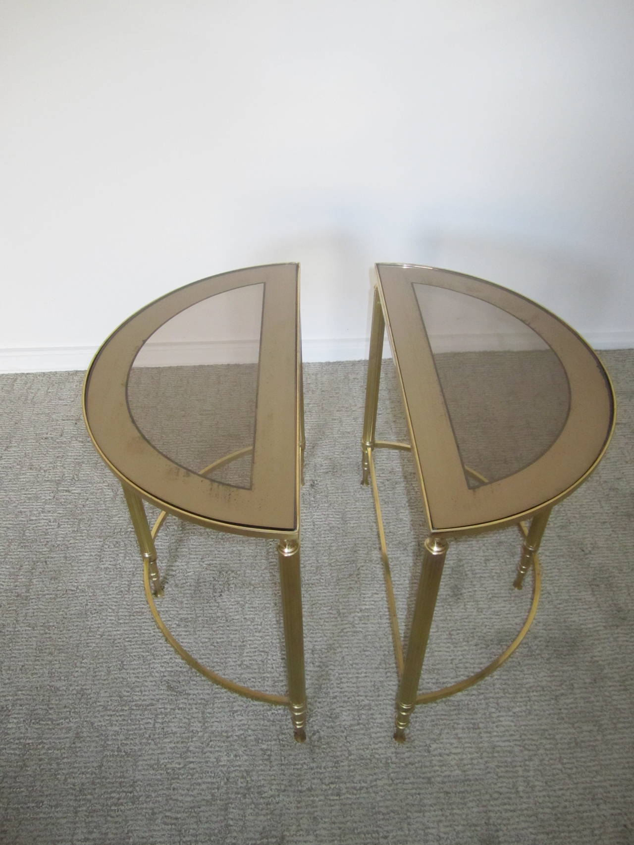 Mid-Century Brass, Smoked Glass Mirrored Side Tables after Maison Baguès 2
