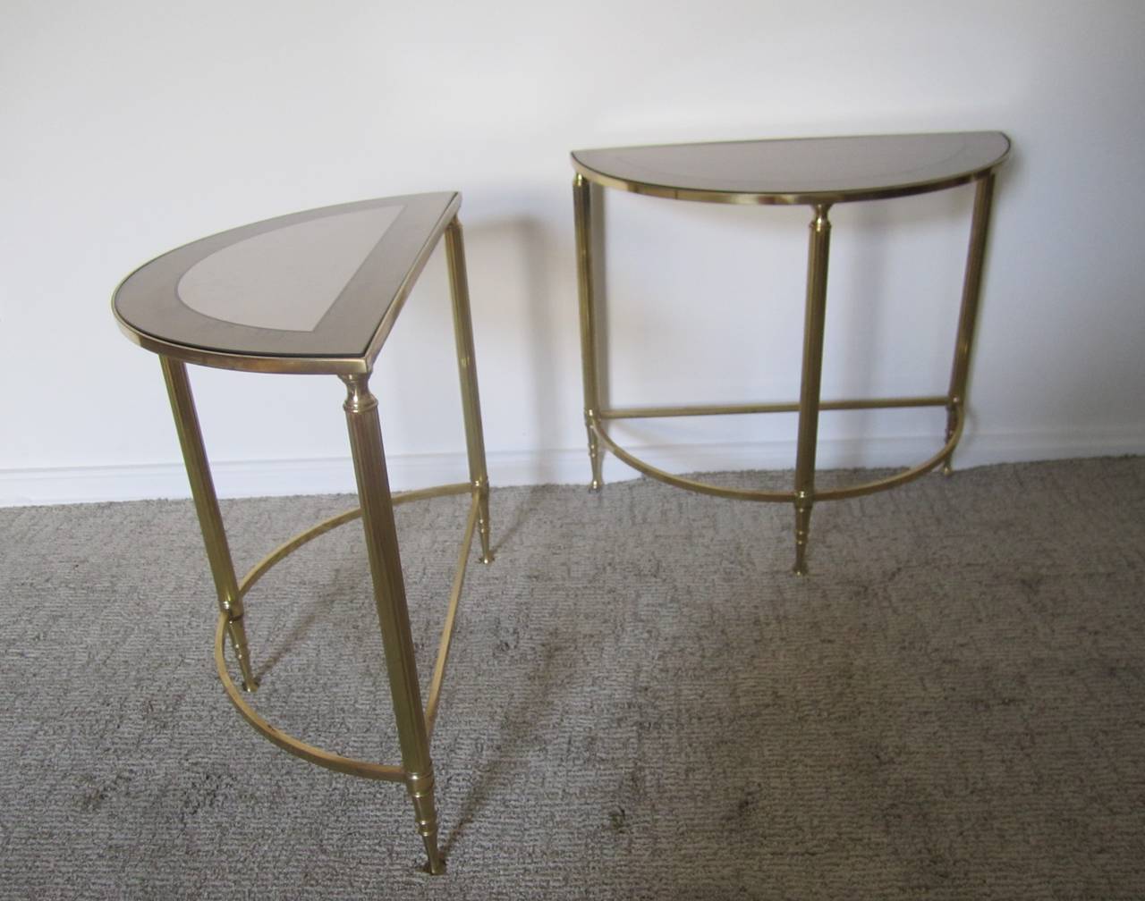 Mid-Century Brass, Smoked Glass Mirrored Side Tables after Maison Baguès 3