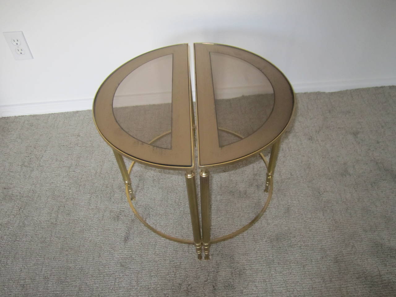 American Mid-Century Brass, Smoked Glass Mirrored Side Tables after Maison Baguès