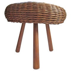 Midcentury European Wicker and Wood Stool or Side Table
