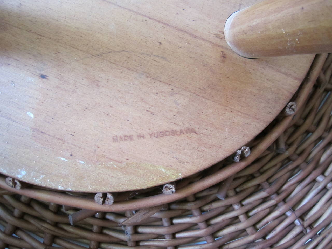 Mid-Century Modern Midcentury European Wicker and Wood Stool or Side Table