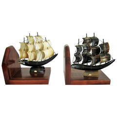 Vintage Pair of Italian Black and White Ship Bookends, Italy