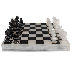 Italian Black and White Marble and Onyx Chess, Backgammon, and Tic-Tac-Toe Set