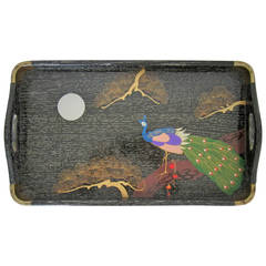 Vintage Three Midcentury Black and Brass Hand-Painted Peacock Nesting Trays