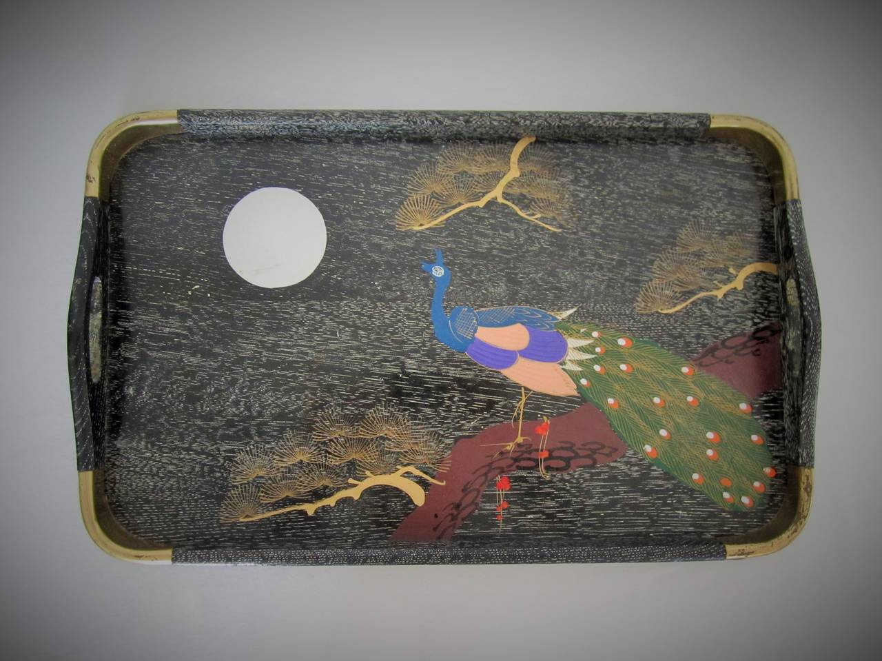 Three Midcentury Black and Brass Hand-Painted Peacock Nesting Trays