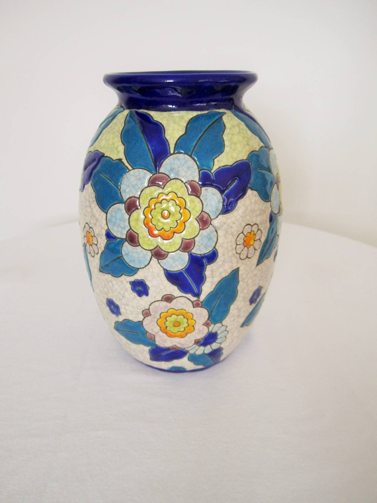 Ceramic Midcentury Floral Pottery Vase in the Style of Boch Freres, Belgium