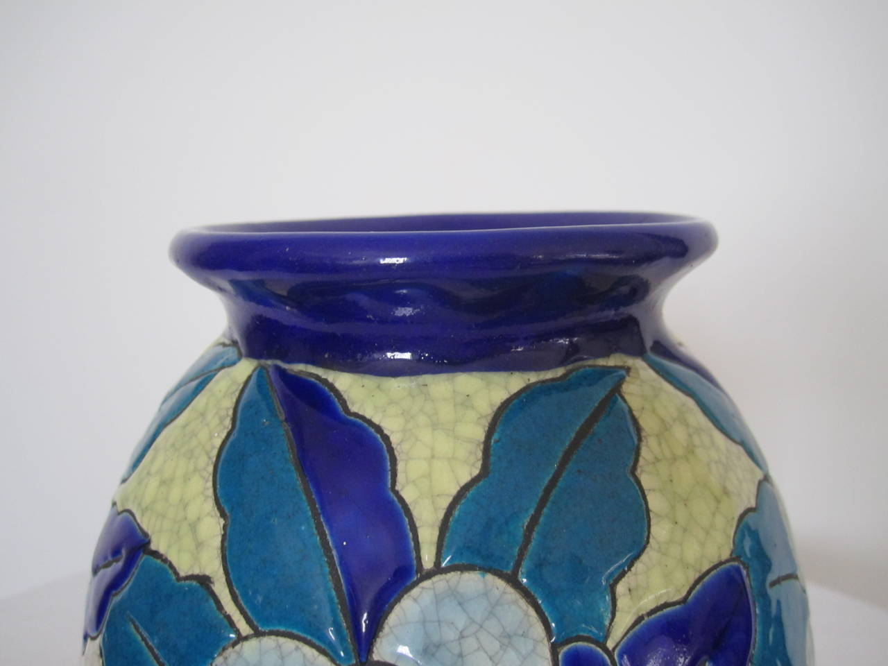 Belgian Midcentury Floral Pottery Vase in the Style of Boch Freres, Belgium