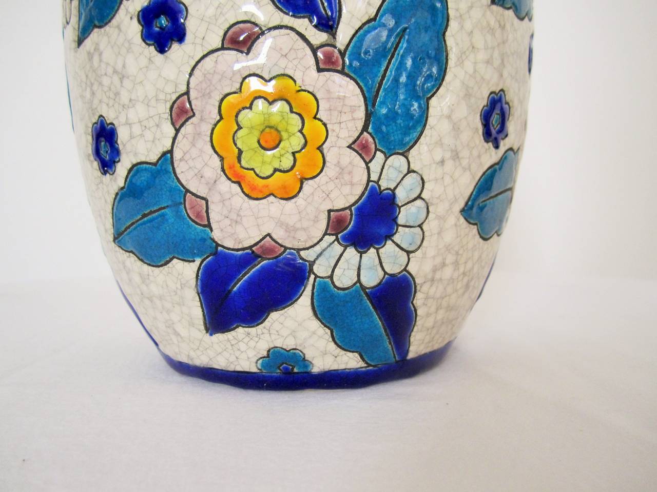 Glazed Midcentury Floral Pottery Vase in the Style of Boch Freres, Belgium