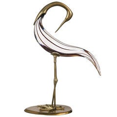 Brass and Murano Glass Crane Sculpture