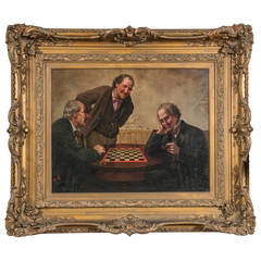 19th Century Framed Oil Painting of Men Playing Checkers Signed P. Bocconi