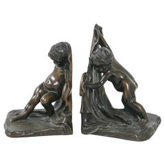 Art Nouveau Bronze Bookends with Putti