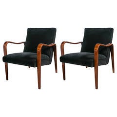 Thonet Style Pair of Art Deco Armchairs in Mahogany and Black Velvet Fabric