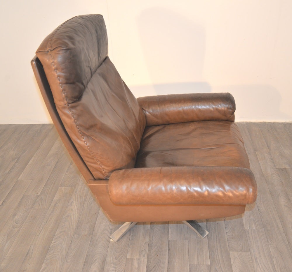 Leather Vintage 1970s De Sede DS 31 Swivel Lounge Club Armchair