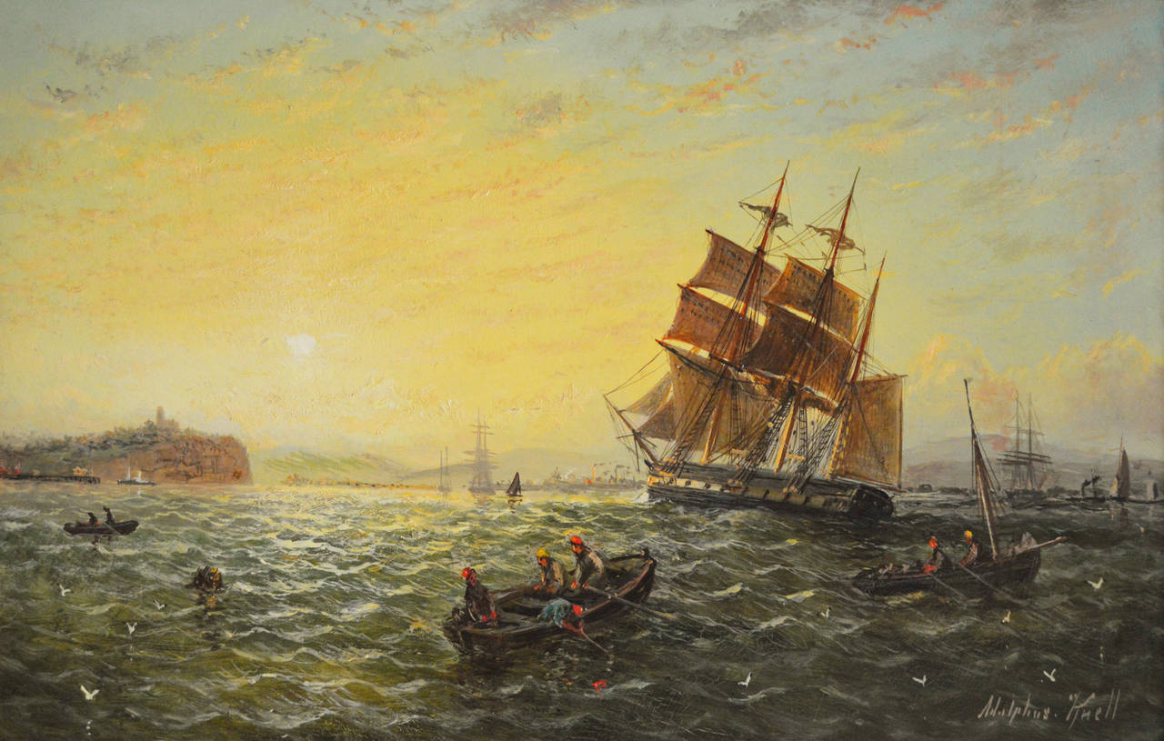 Adolphus Knell
British, (fl. 1860 - 1880)
Shipping at Sunset 
Oil on board signed
Image size: 12 inches x 18 inches
Size including frame: 15½ inches x 21½ inches

An atmospheric seascape depicting a busy harbour scene at dusk.
Adolphus Knell