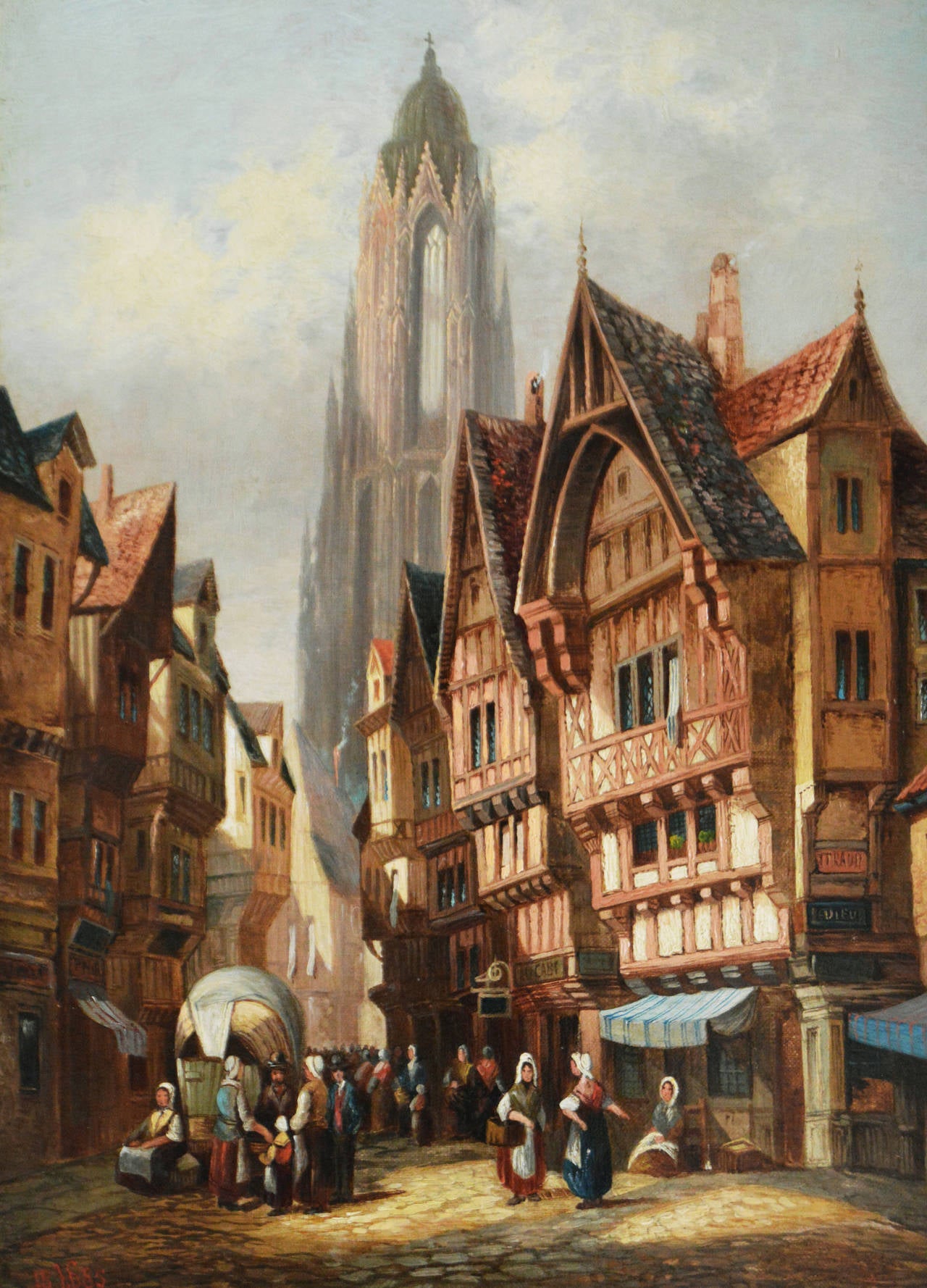 Henry Schafer.
German/British, (b.1841, fl.1865-1900).
Frankfurt Cathedral.
Oil on canvas, signed and dated 1885.
Image size: 16 inches x 12 inches. 
Size including frame: 22½ x 18¾ inches.

An interesting topographical painting of Frankfurt