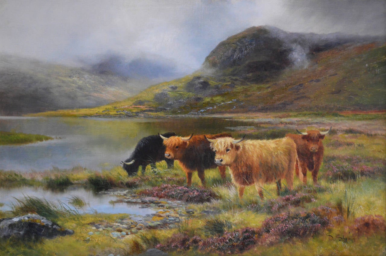 "Highland Cattle by a Loch, " Oil on Canvas by Daniel Sherrin